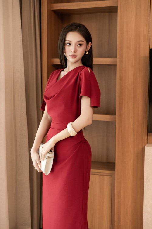 Sixdo Dark Red Woven Pencil Dress